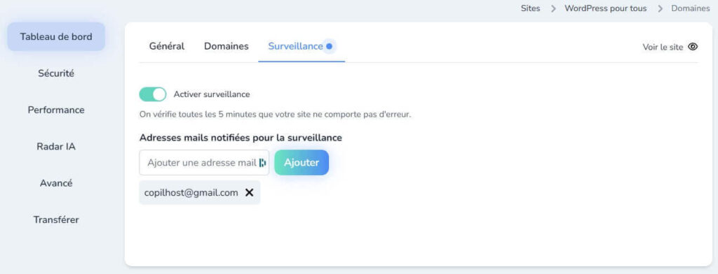 Uptime monitoring (appelée Surveillance) dans le CoPanel de Copilhost